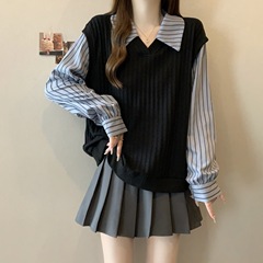 大码长袖针织衫女秋季条纹撞色POLO领上衣胖MM假两件宽松遮肚毛衣