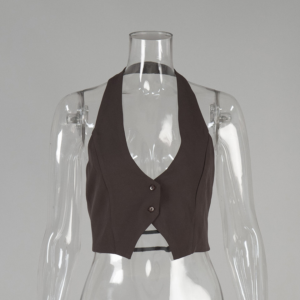 Áo vest nữ cổ V đeo cổ hở lưng dáng ngắn gợi cảm — Màu cà phê, Màu trắng, Màu đen chi tiết 11