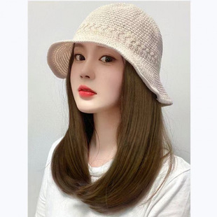 Wig for Women with Short Hair, Hat and Wig All in One, Spring and Summer Internet Celebrity Fisherman Hat, Medium and Long Hair, Inner Buckle Sun Protection Hat, Full Headgear