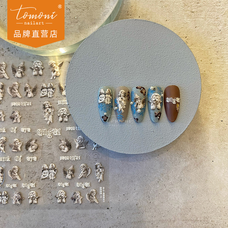 tomoni relief nail art stickers explosions Japanese retro 5D nail stickers angel statue nail art jewelry wholesale