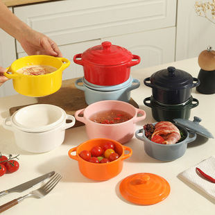 Ceramic Baking Steamed Egg Bowl with Lid, Simple Double-Eared Bowl, Air Fryer Baking Bowl, Kidsren's Household Stew Soup Cup, Tableware