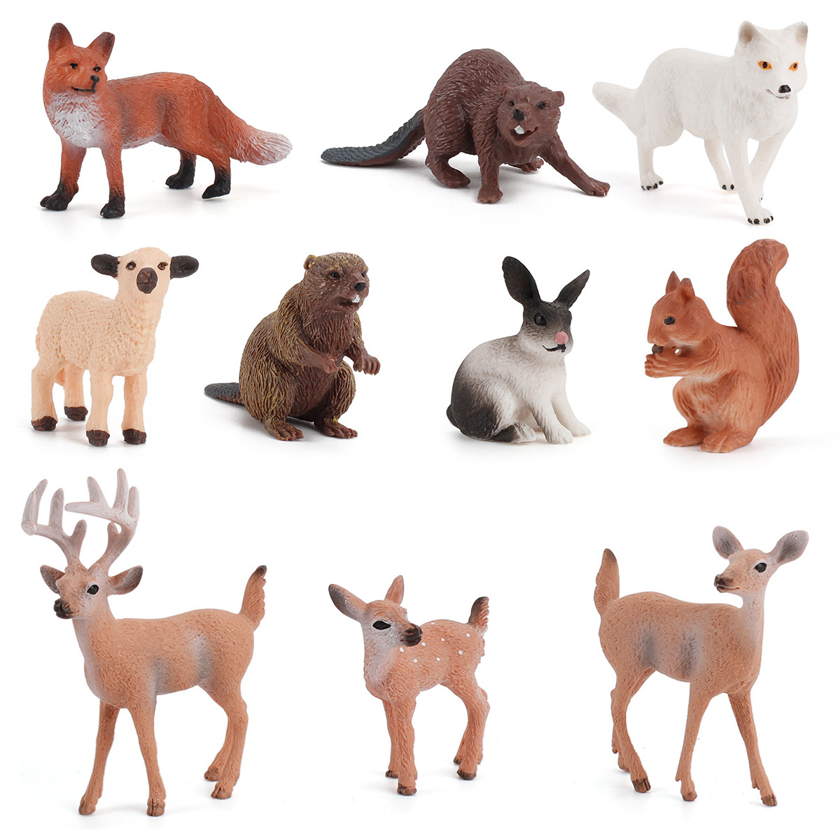 Amazon Venta caliente simulación modelo animal salvaje cola blanca ciervo conejo zorro rojo Castor estático sólido conjunto de 10 piezas