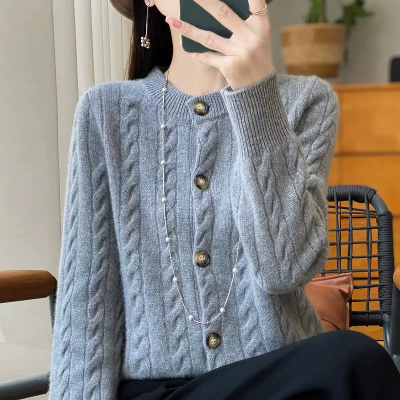 Шерстяной кардиган, свитер, куртка с круглым воротом, oversize