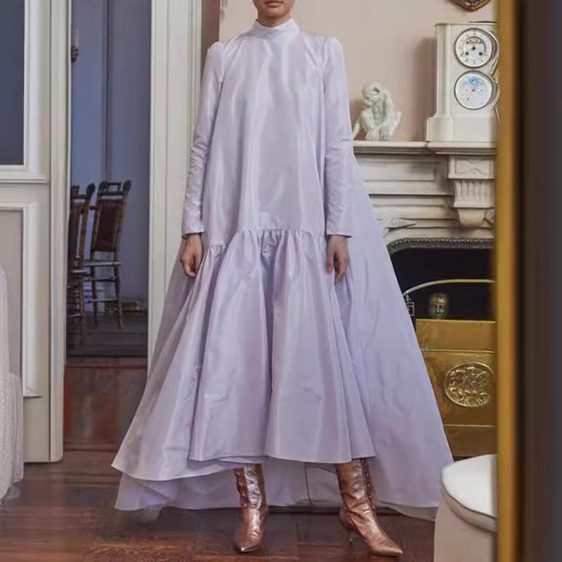 Solid Color A-line High Low Half-high Collar Large Round Neck Dress