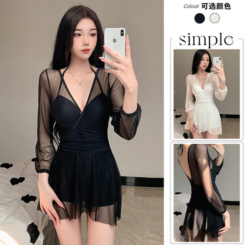 Swimsuit Women 2024 Summer Internet Famous New Style One-Piece Dress Type Hide Fat Slimming Lace Long Sleeve Small Chest Gathered Holiday Swimwear 