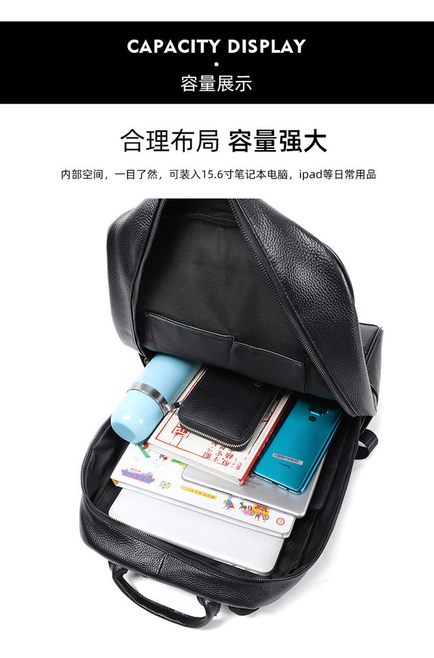 Ba lô nam da bò lớp đầu tiên đơn giản, túi đựng laptop đi học đi làm du lịch 42×32×12 cm — Màu đen chi tiết 7