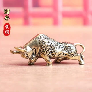 纯黄铜财牛华尔街斗牛花牛复古实心老物件装饰桌面茶宠工艺品摆件
