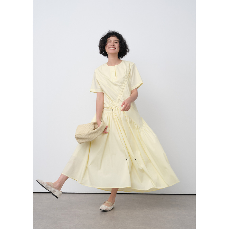 Neihe Cotton-Feel Round-Neck Niche Design Long Dress with Pleats, Simple and Relaxed Style Dress for Women 258327