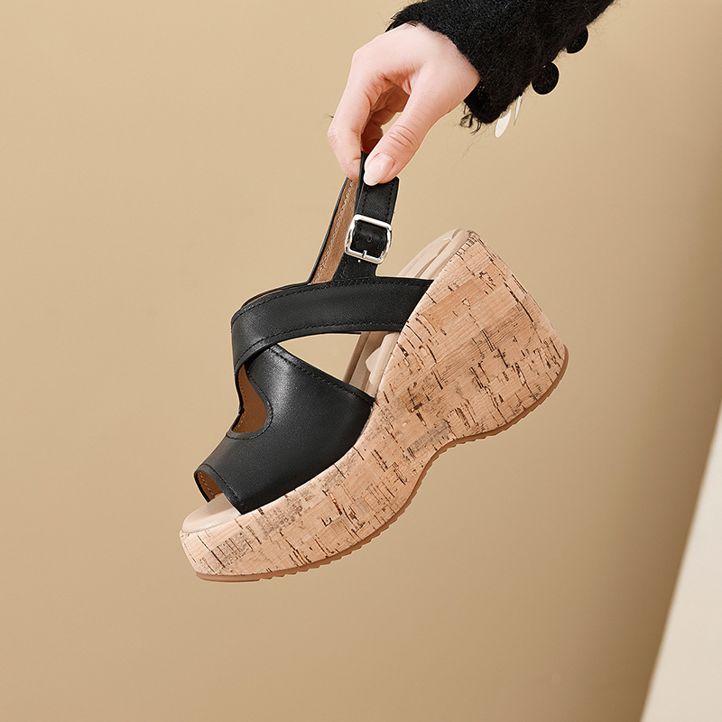 Sandal cao gót nữ hở mũi đế xuồng platform da bò thật quai chéo kiểu La Mã — màu đen, màu nâu nhạt
