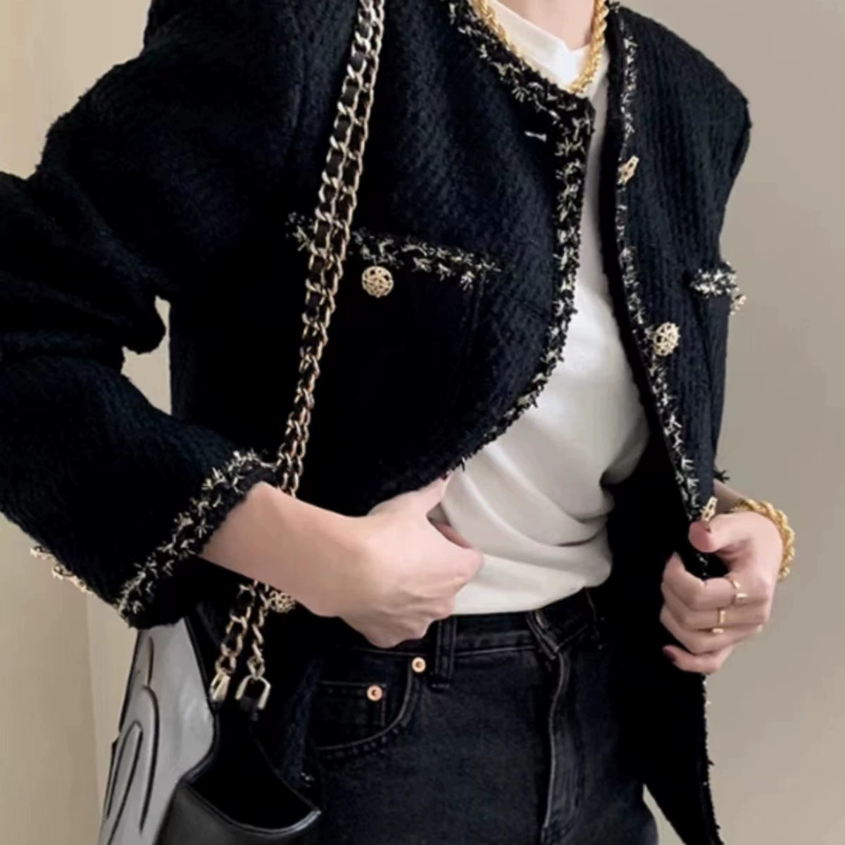 Черная модная демисезонная короткая куртка, стиль Chanel, западный стиль, для подростков, увеличенная толщина