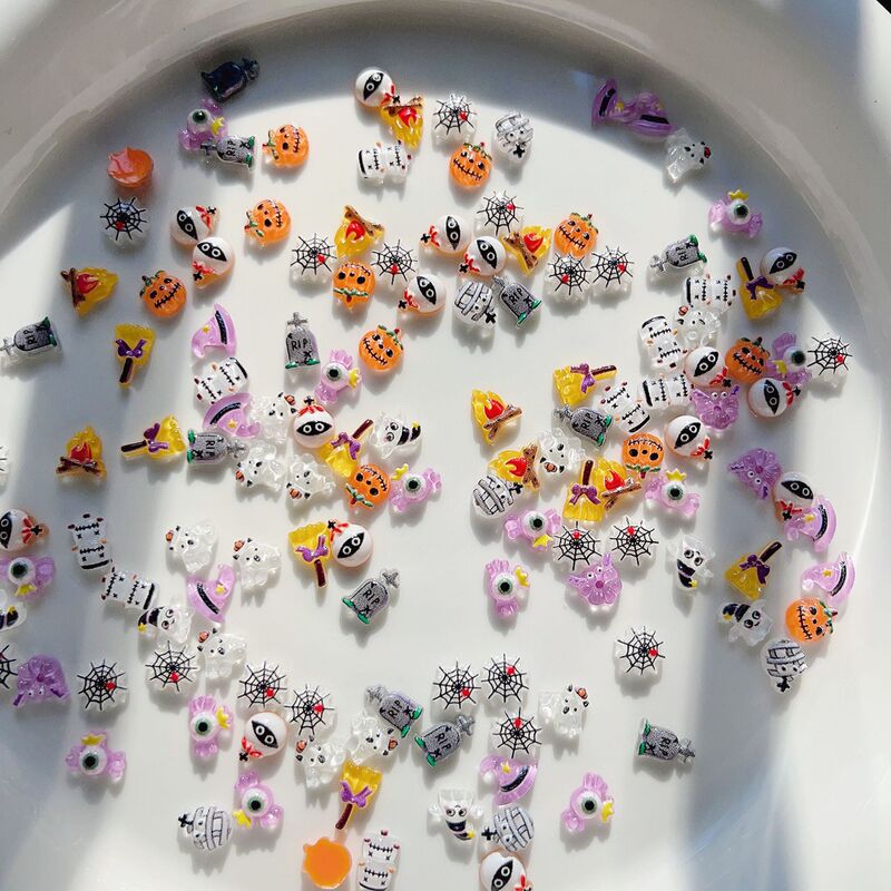 Cross-Border Mini Halloween Nail Art Decorations Cartoon Ice-Clear Cute Pumpkin Ghost Witch Hat DIY Nail Accessories
