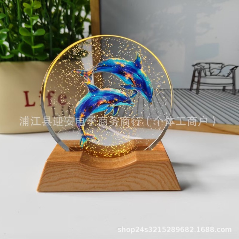 水晶发光小夜灯桌面摆件卧室床头星空银河立体激光彩印生日礼物|undefined