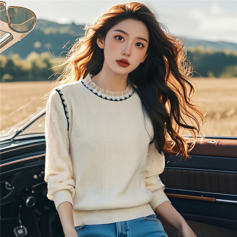 AI Figure in stock Autumn New Sweet Elegant Lace Sleeve Stitching Knitwear Women's Ear Edge Foreign Style Sweater