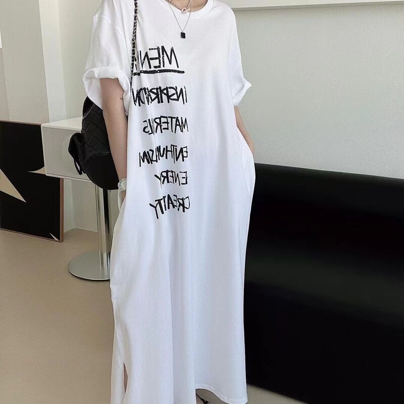 Korean style simple western style new personalized large printed t-shirt dress women's loose slimming girl short sleeve skirt fashion