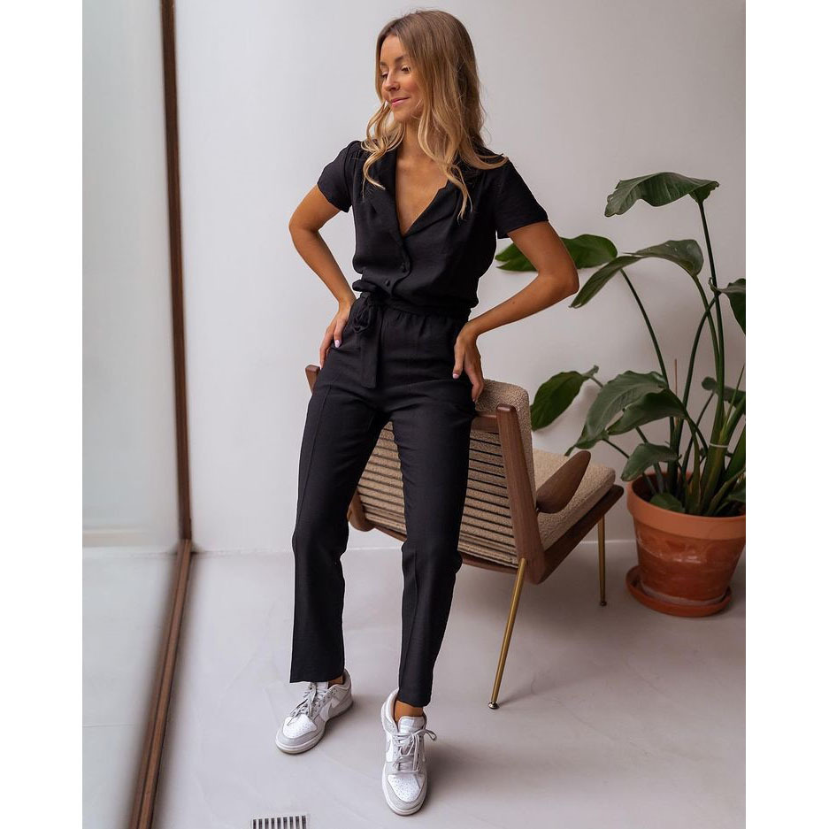 lace-up short sleeve lapel wide-leg solid color jumpsuit NSOYL131369