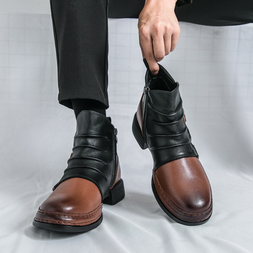 Western American cowboy boots, men's winter short boots, British style high-top leather shoes, British style Martin boots, fashionable leather boots