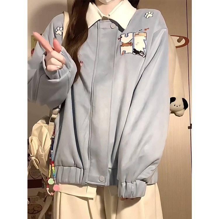 日系卡通小猫毛巾绣翻领卫衣女2025早秋新款慵懒风宽松bf开衫外套|undefined