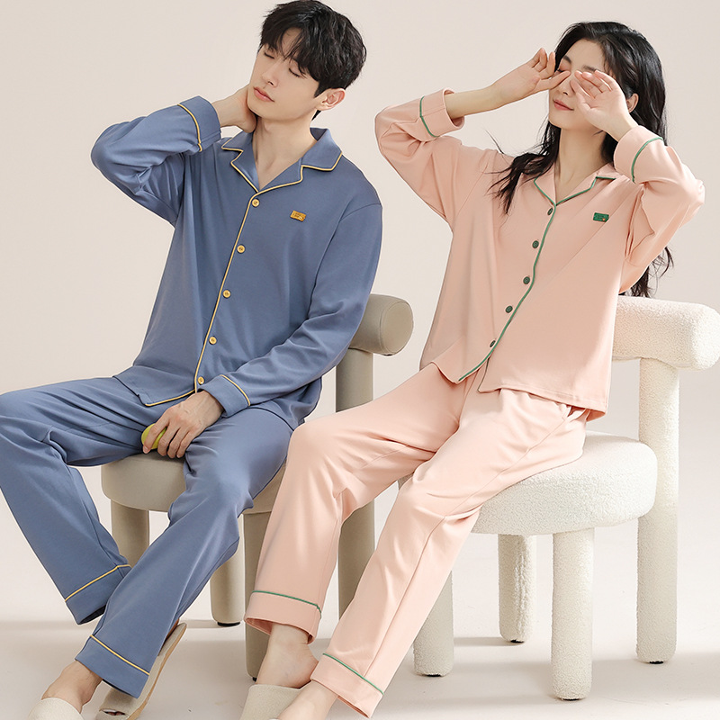 항균 통기성 순면 커플 잠옷 봄과 가을 긴 소매 바지 가디건 옷깃 플러스 사이즈 세트 남성 및 여성 홈 옷