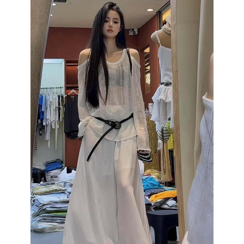 夏の韓国スタイルのレイジースタイルのリラックスした中空オフショルダールーズスリミングトップ女性用白ワイドレッグパンツスーツ|undefined