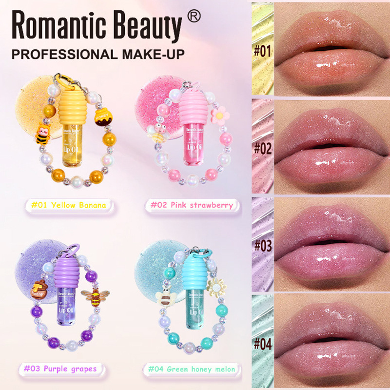 Transfronterizo con colgante, aceite labial de cuatro colores lindos bracelets, bálsamo labial hidratante, miel de agua, esmalte labial de color espejo