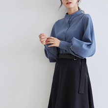 实拍春装韩范长袖立领衬衣 大灯笼袖百搭打底磨毛直筒衬衫女