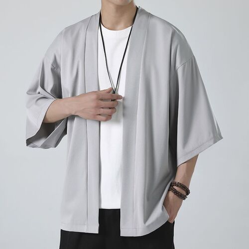 Summer thin ice silk seven-quarter sleeve kimono-style open jacket Chinese-style retro casual cape sun protection outerwear for men