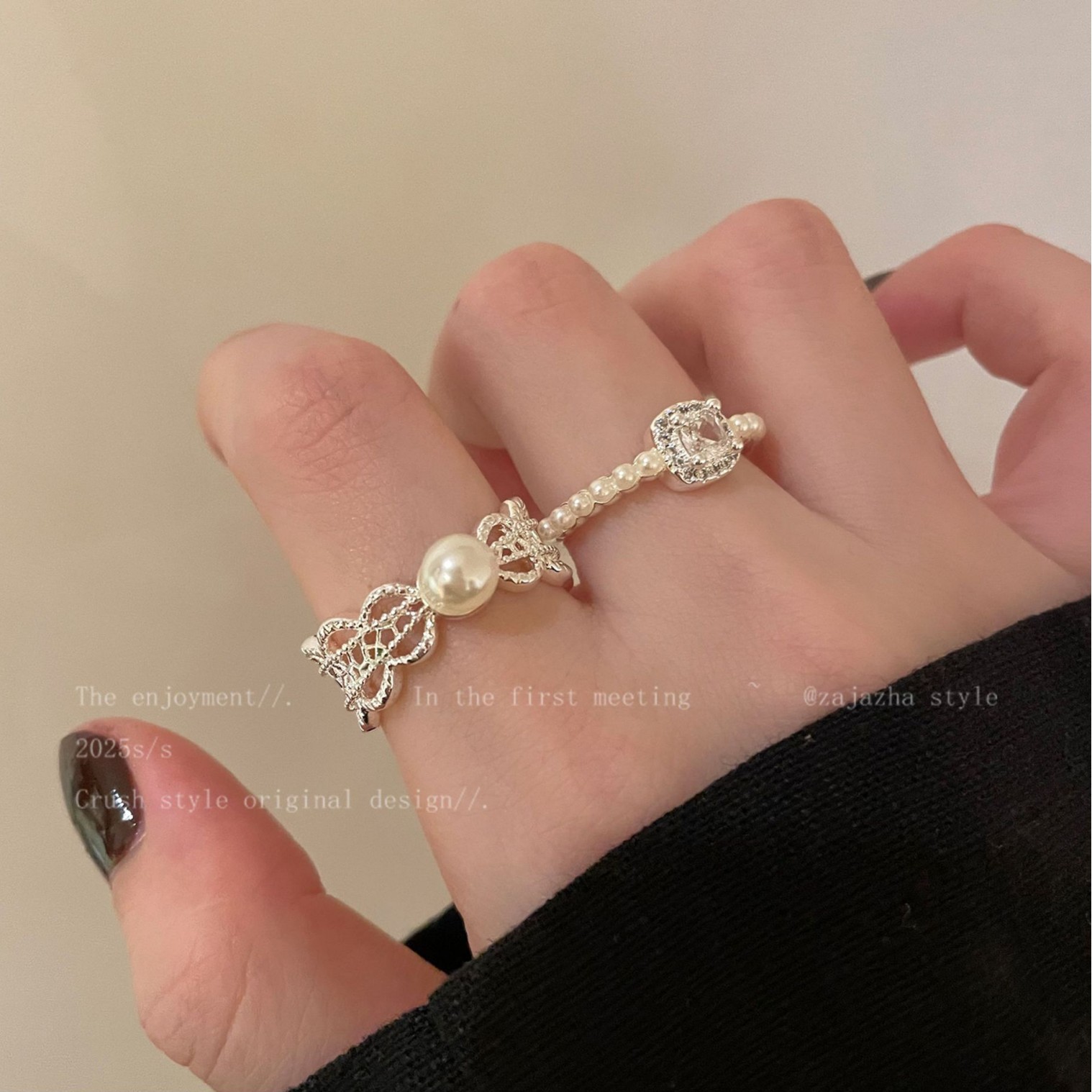 Lace Pearl Zircon Ring Women's Niche Design Opening Adjustable Index Finger Ring Accessible Luxury High-End Stacking Ring