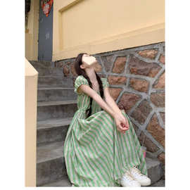 重工蜜瓜绿日系格纹可抽绳系带连衣裙