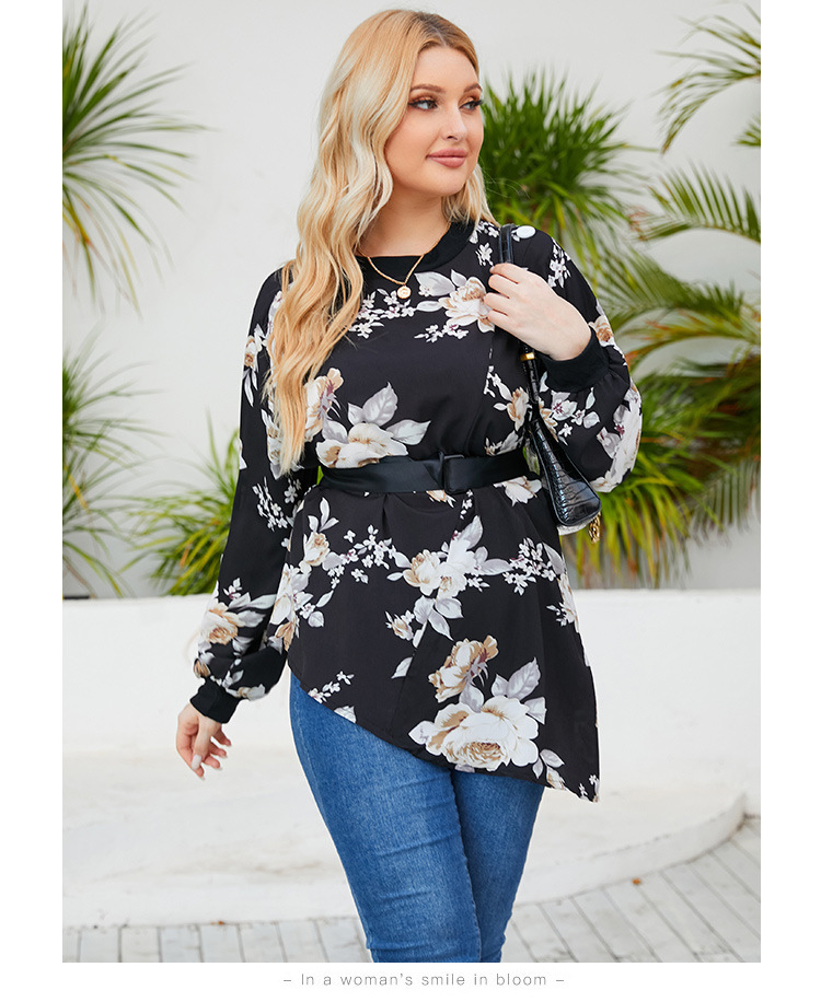 spring plus size floral long-sleeved chiffon T-shirt nihaostyles wholesale clothing NSJR92574