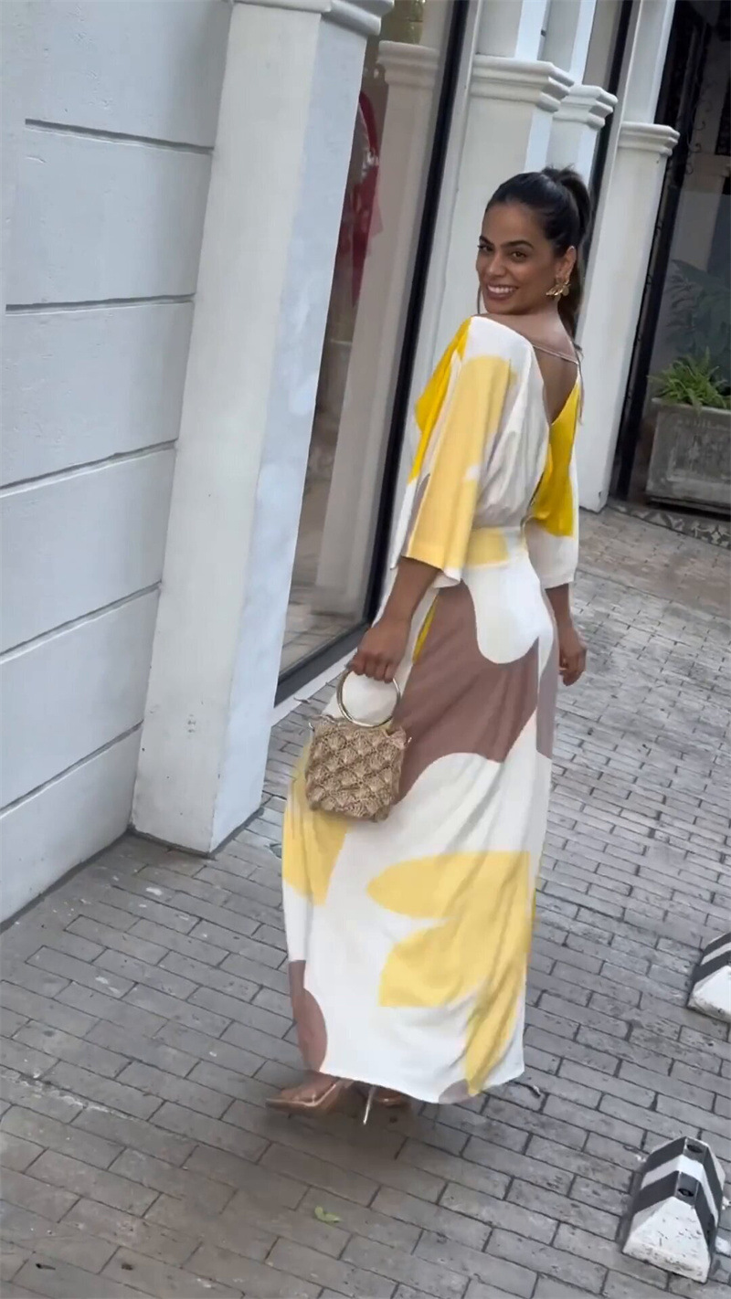 Printing Design Wholesale Women's Simple Style Printing Color Block Holiday Daily V Neck 3/4 Length Sleeve Sheath Dress