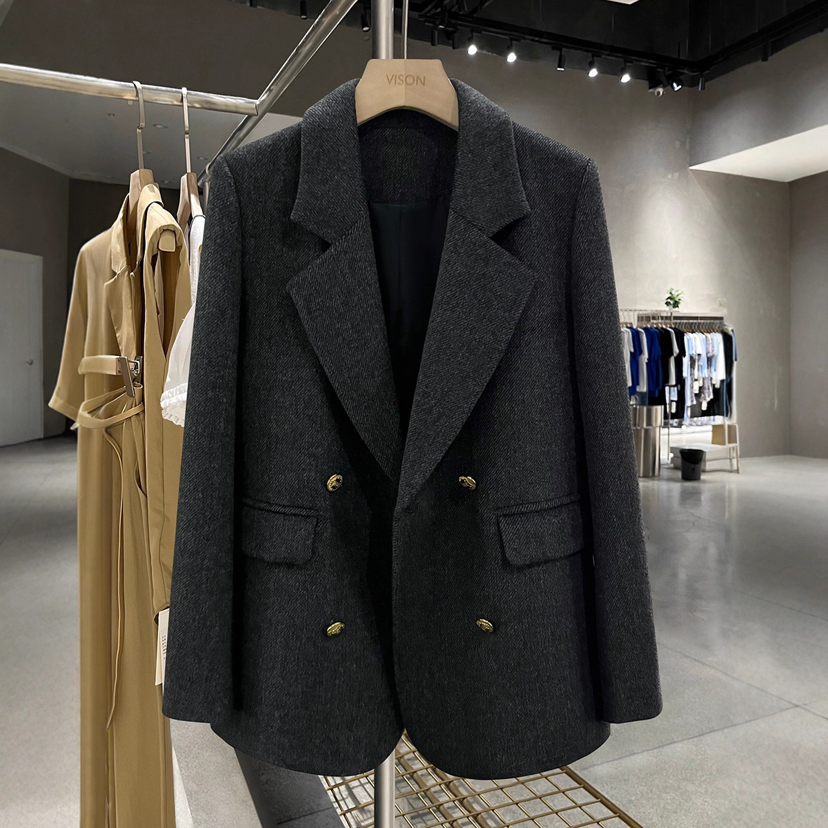 In Stock 6810 Dark Gray Woolen Blazer for Women, New Autumn and Winter Hepburn Style, High-End and Elegant Small Suit