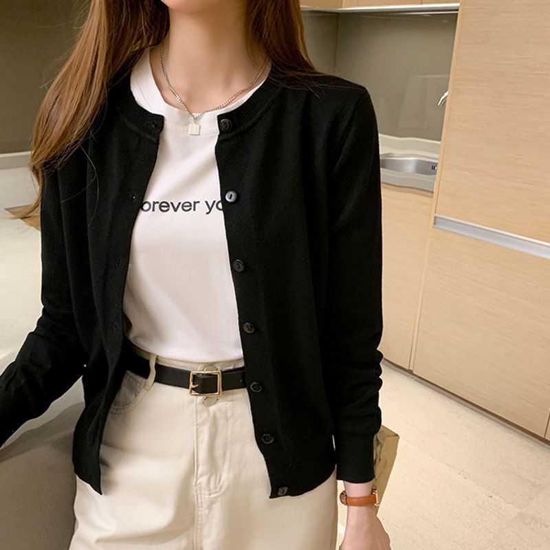Black Knitted Cardigan for Women, Spring and Autumn 2026 New Style, Thin Sweater Jacket, Loose Short Outerwear with Long Sleeves Black Knitted Cardigan for Women, Spring and Autumn 2026 New Style, Thin Sweater Jacket, Loose Short Outerwear with Long Sleeves