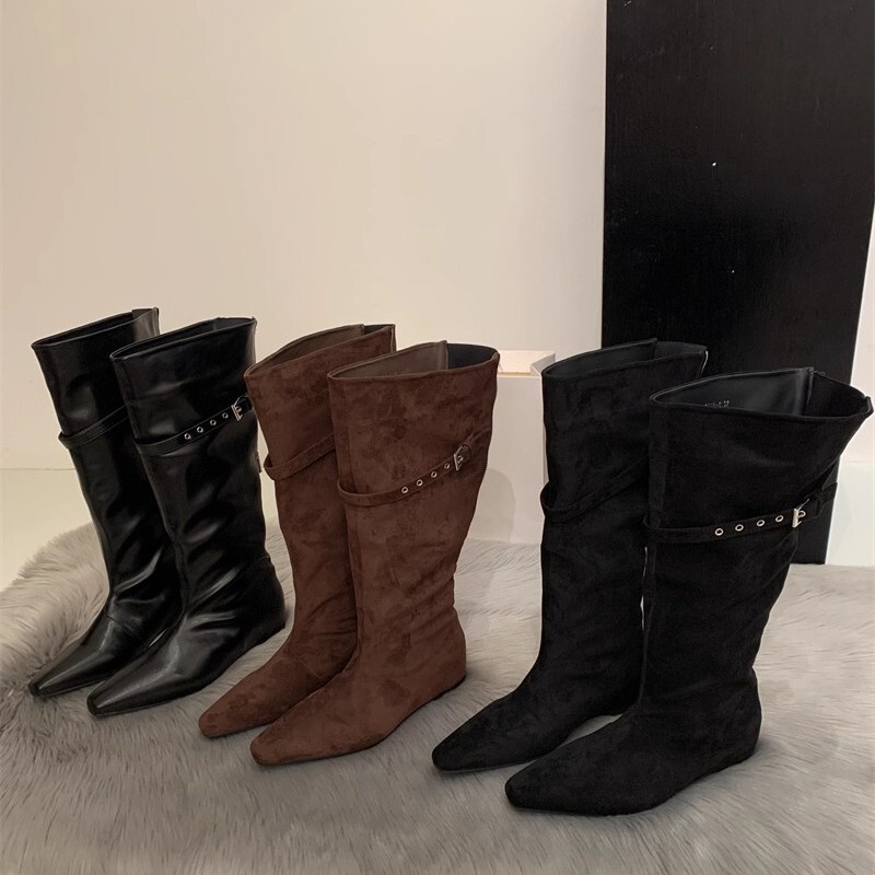 Korean Style Pointed Toe Pleated Slouch Boots for Women 2025 Autumn and Winter New Style with Inner Heightening Large Tube Girth High Tube Knight Boots Knee Boots