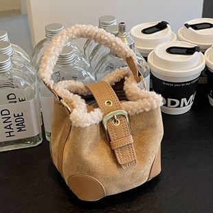 Lamb Wool Mini Bucket Bag Maillard Suede Retro Handbag 2024 New Single Shoulder Crossbody Handbag