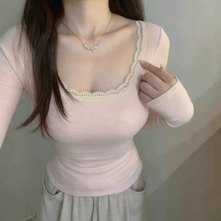 野媛 自带胸垫徳绒打底衫女秋冬U领磨毛内搭长袖蕾丝花边纯欲上衣