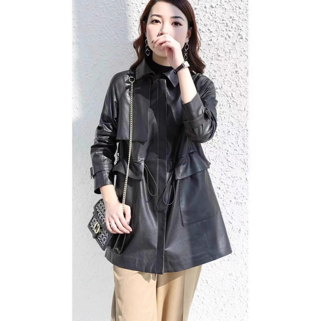 Spring and Autumn New Haining Genuine Leather Jacket Fashion Korean Style Loose Mid-Length Windbreaker Waist Drawstring Coat for Women