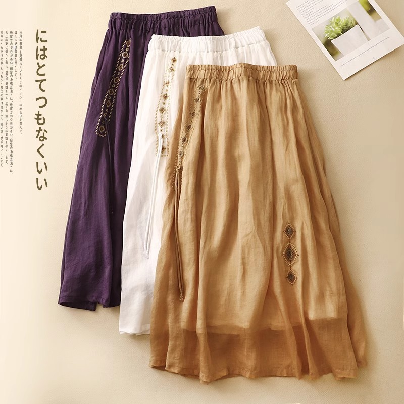 Summer Retro Embroidered A-Line Mid-Length Skirt, Slimming Ethnic Flowing Double-Layer Skirt