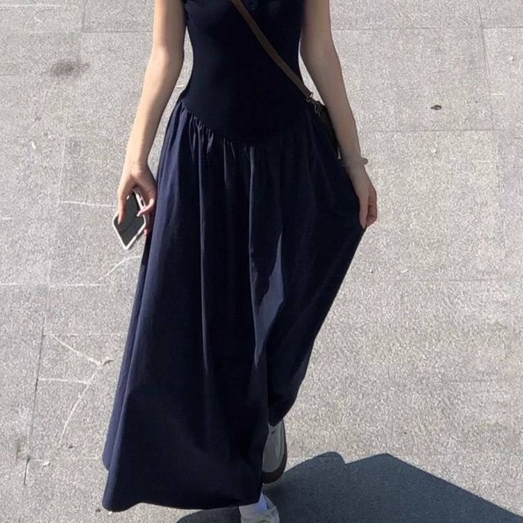 法式休闲慵懒拼接连衣裙女夏季气质短袖polo领长裙子松弛感大摆裙|undefined