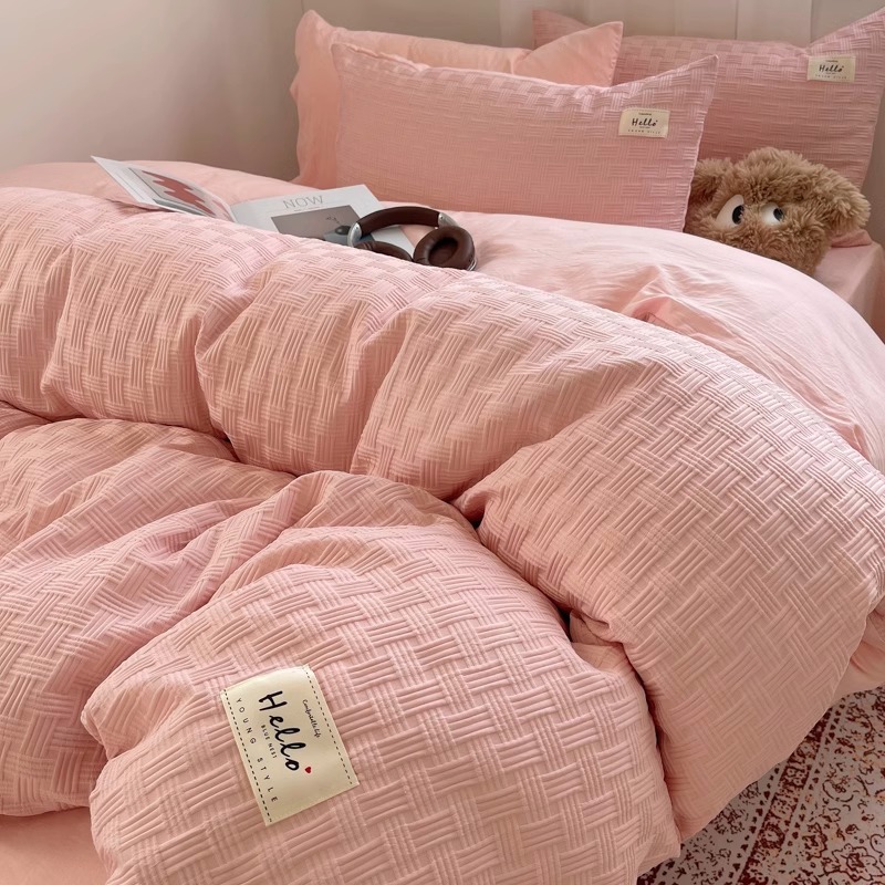 Cama de algodón lavada de hilo de doble capa fresca de cuatro piezas, funda de edredón de estilo crema, sábana de dormitorio de estudiantes, juego de tres piezas