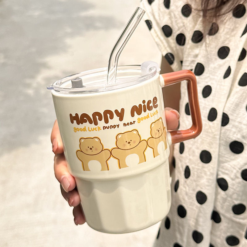 卡通吸管马克杯带盖高颜值可爱儿童水杯家用陶瓷杯子女生生日礼物|undefined