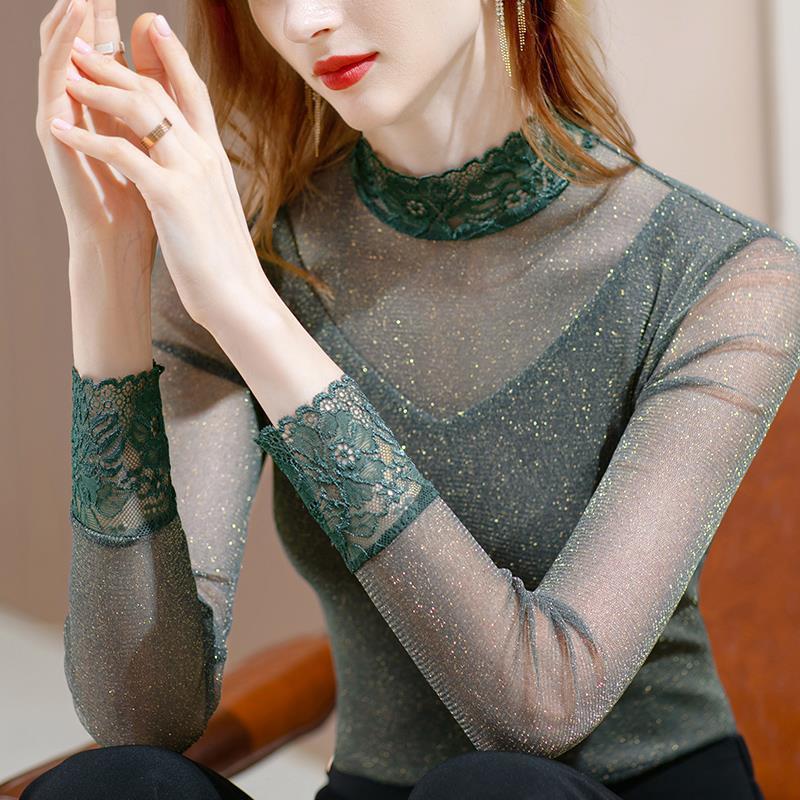 亮丝长袖打底衫女装春秋新款时尚蕾丝拼接内搭设计感修身上衣黑色|undefined