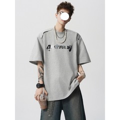 ヘビーウェイト右肩半袖Tシャツボーイズトレンディな新しい夏のハイストリートレタープリントルーズラウンドネック半袖シャツ