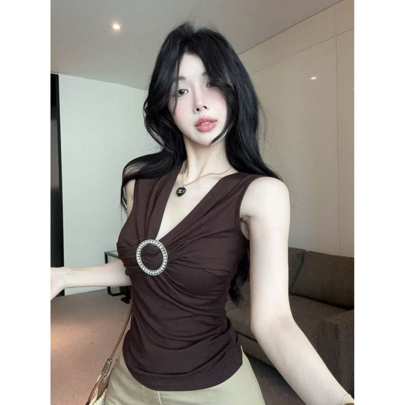 Vintage Diamond-Encrusted Ring Pleated Collar Vest Summer New American Retro Brown Slimming Inner Sleeveless