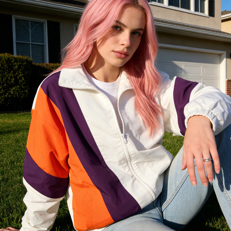 Spring and Autumn Women's Jacket, Loose Fit, Sporty Casual Retro Style, Color-Blocking, 90S Mesh Lining, Customizable Logo