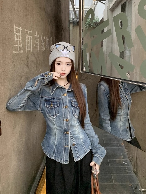 复古蓝polo领长袖衬衫外套女装春季修身收腰牛仔衬衣气质开衫上衣|undefined