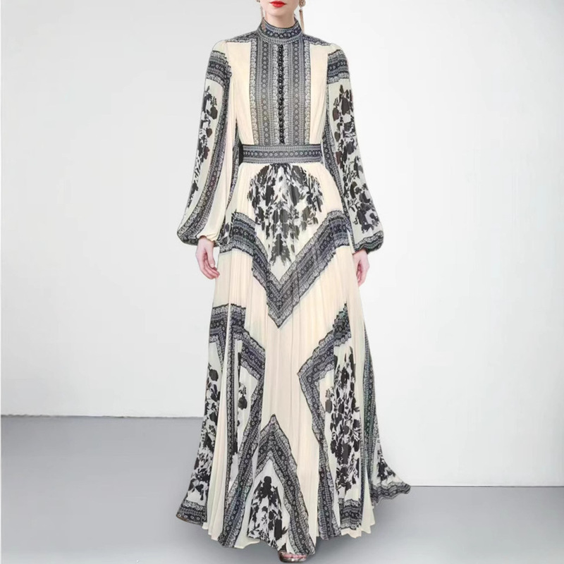 European and American elegant stand collar lantern sleeve positioning printing waist pleated large pendulum long dress women's 2025 new