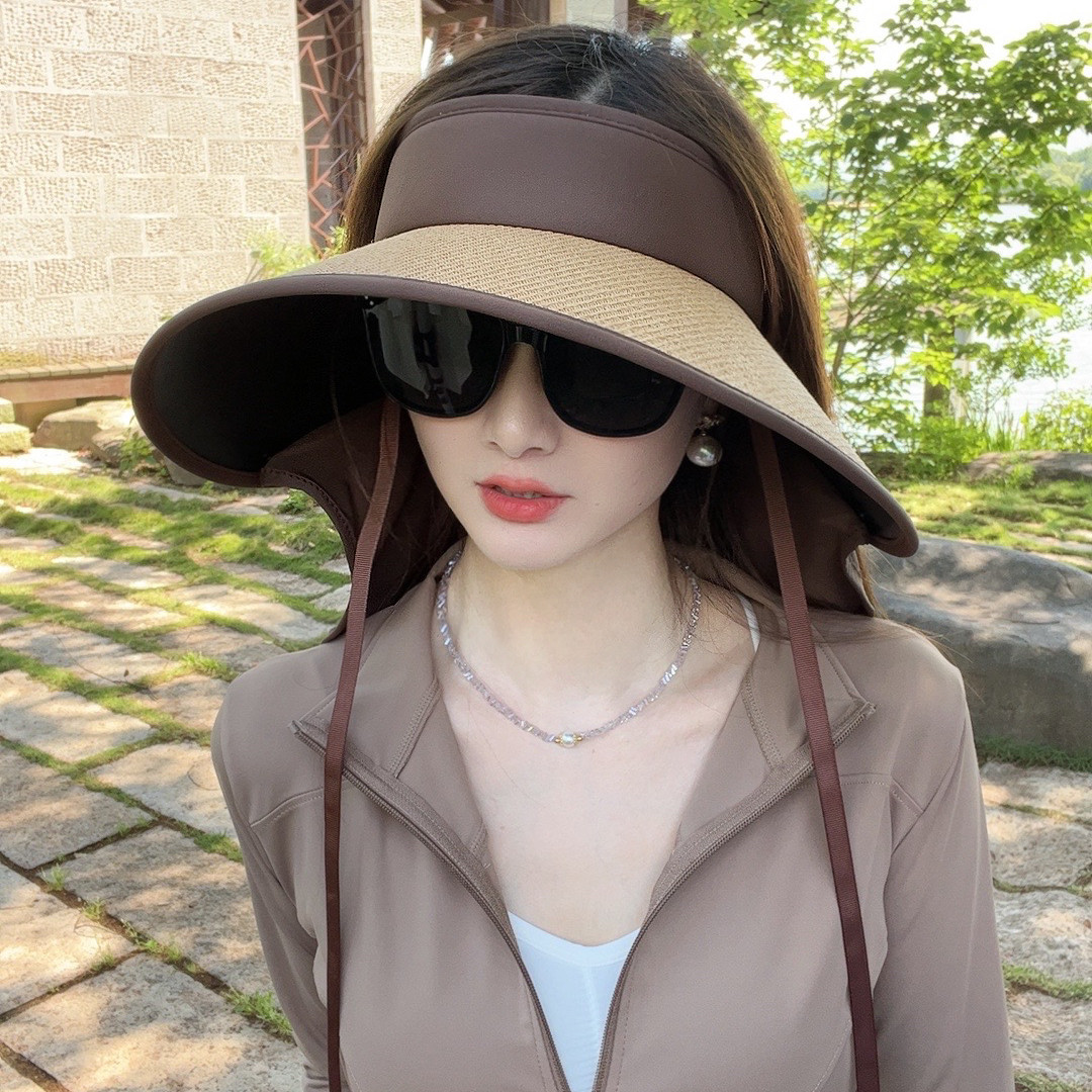 Chapeau de soleil cycliste à large bord pour femme avec châle, enduit noir, pour l'été._voghion.com