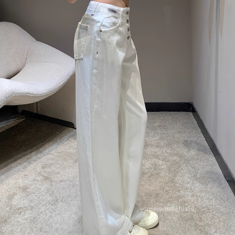 白色系水洗高腰牛仔裤女 简约显瘦百搭排扣阔腿长裤早秋 ZK63321|undefined