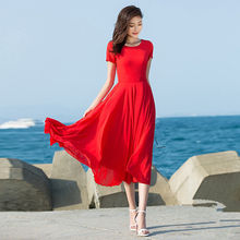夏雪纺短袖连衣裙飘逸圆领大红沙滩裙仙气质小个子中长款大摆裙子
