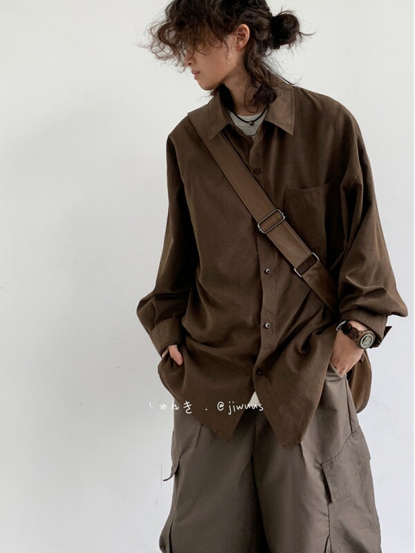 Jiwuus Spring and Autumn Japanese Basic Niche Long Sleeve Shirt Men's and Women's Casual Loose Retro Shirt Jacket